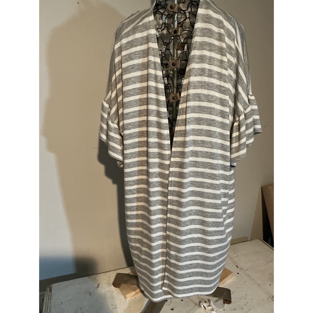 7th Ray Womens Grey White Striped Open Front Cardigan Ruffle Bell Sleeve Medium